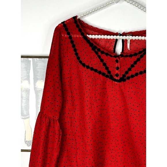 Free People Red Sheer Blouse with Black Polka Dots SZ M - Picture 2 of 11